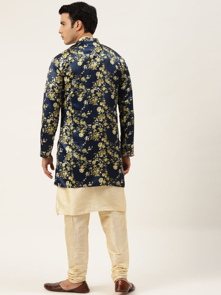 SOJANYA Men Cream-Coloured & Navy Blue Solid Kurta with Churidar & Jacket