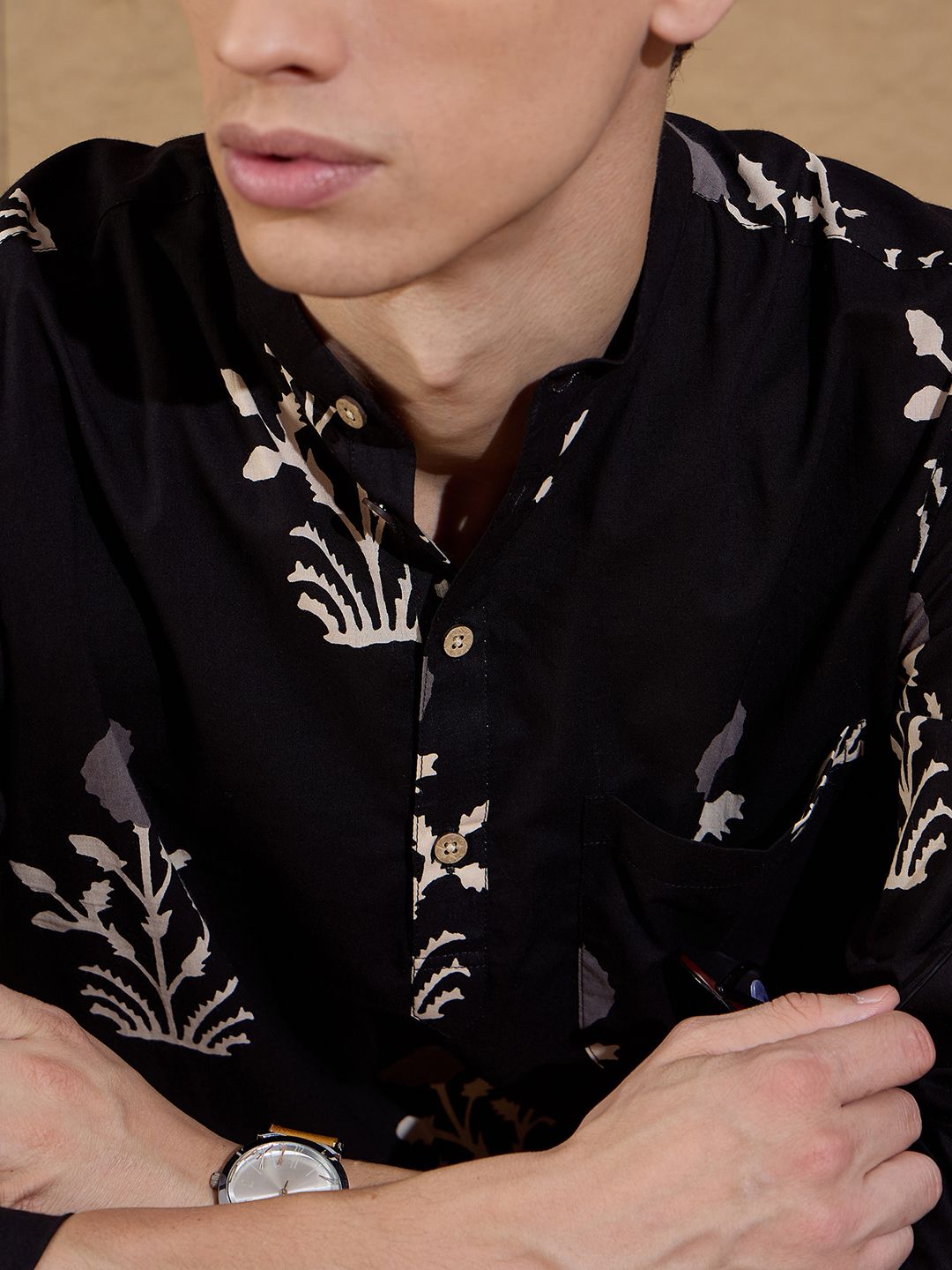 Dennison Floral Printed Cotton Band Collar Lurus Kurta