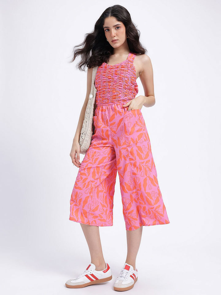 DressBerry Floral Printed Smocked Tie-Up Detail Jumpsuit