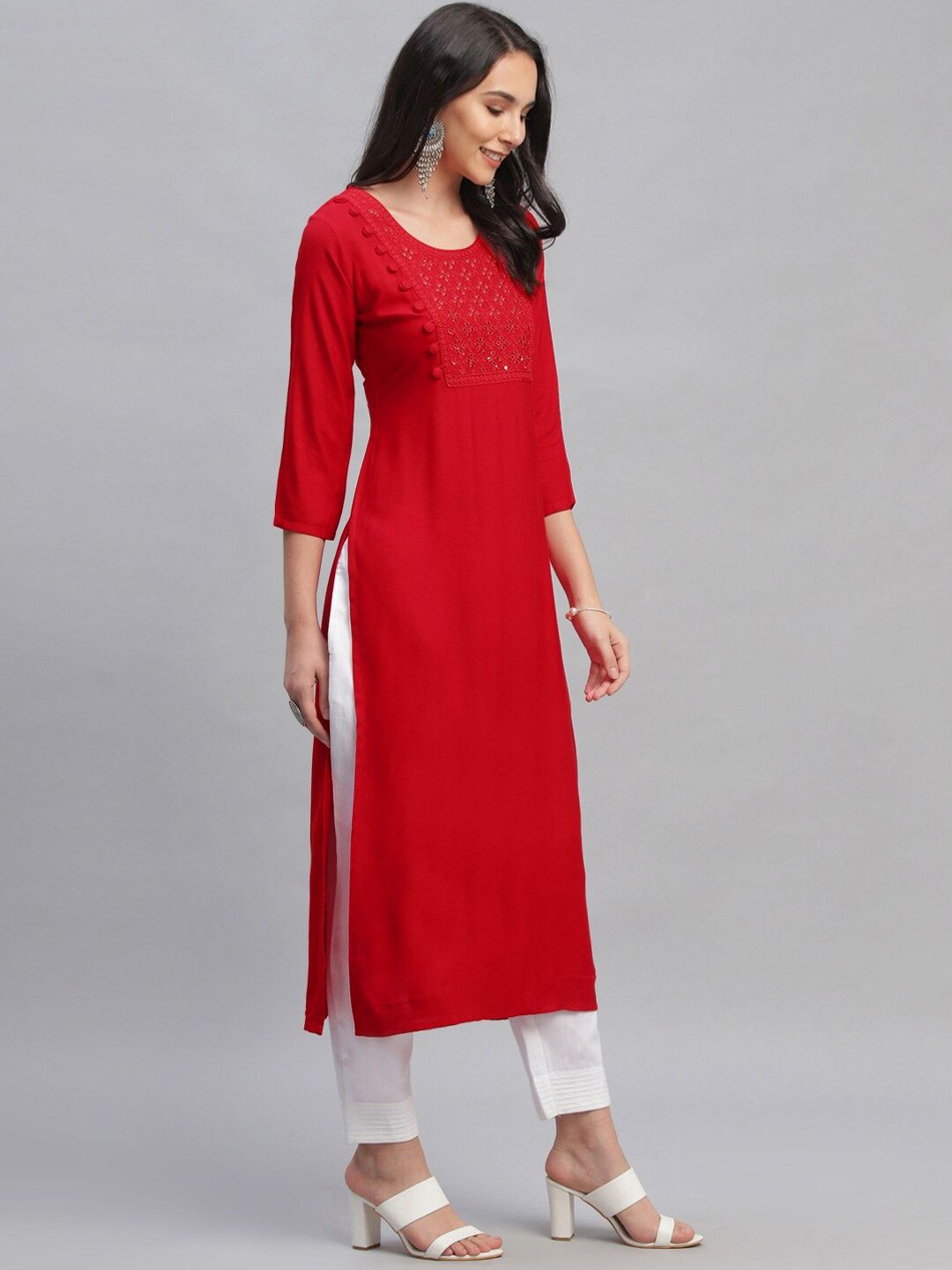 Libas Women Red Embroidered Straight Kurta