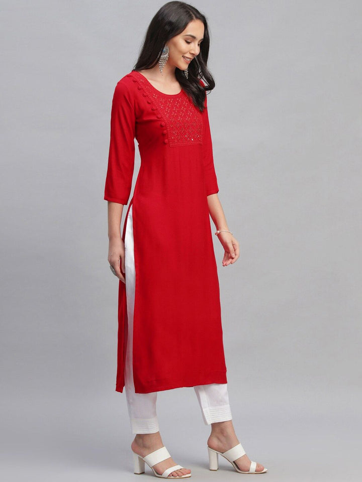 Libas Women Red Embroidered Straight Kurta