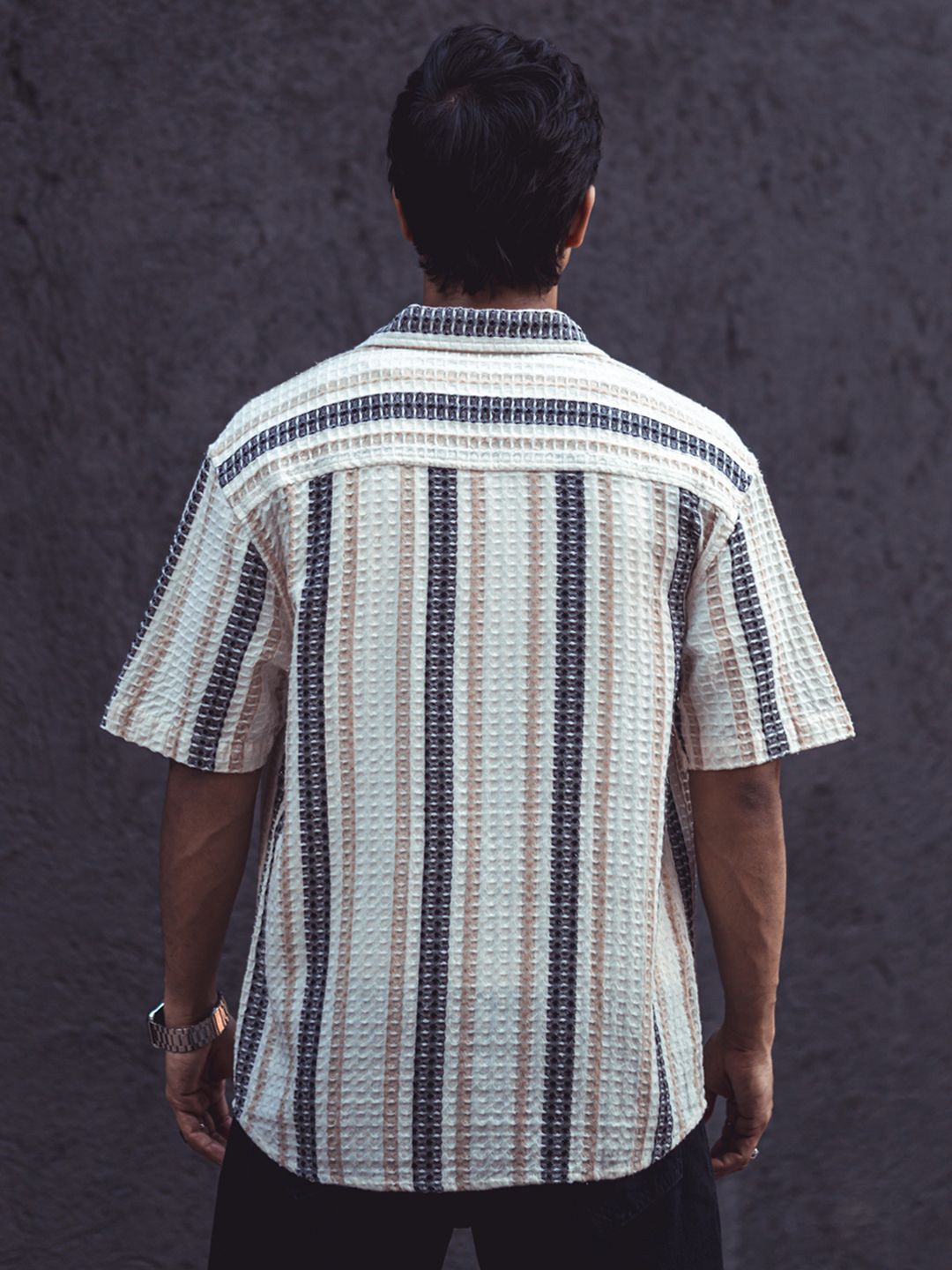 Powerlook Off White India Slim Striped Self Design Oversized Cotton Casual Shirt