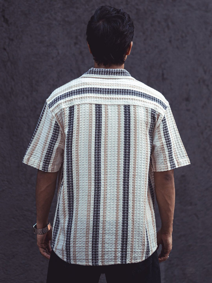Powerlook Off White India Slim Striped Self Design Oversized Cotton Casual Shirt