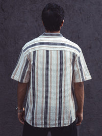 Powerlook Off White India Slim Striped Self Design Oversized Cotton Casual Shirt
