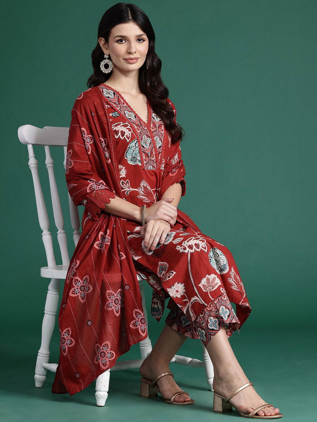 Indo Era Floral Printed Sequinned Pure Cotton Kurta With Trousers & Dupatta