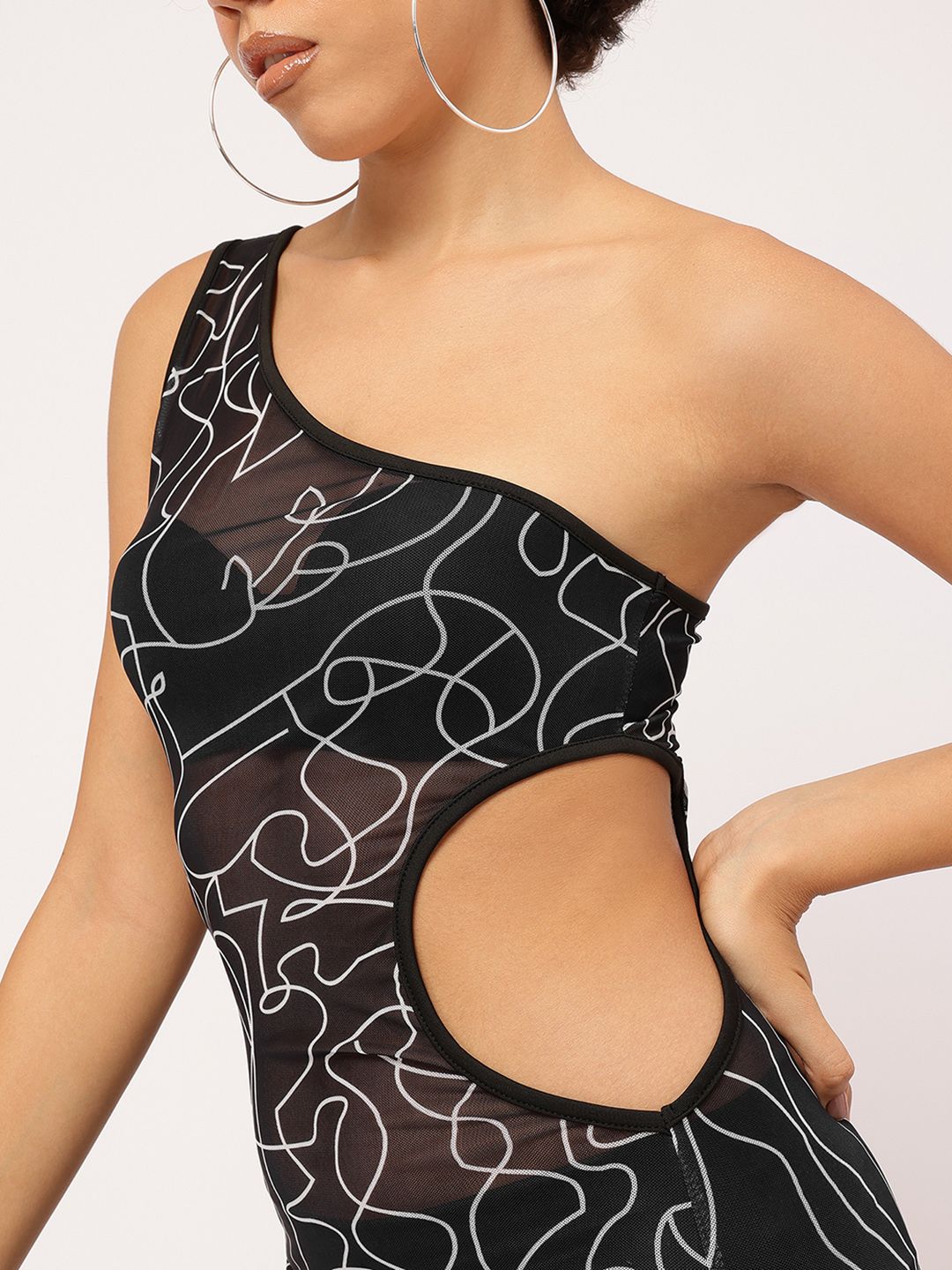 Scribbled Cut-Out Vortex Rebel Sheer Bodycon Asymmetric Flair Net Dress