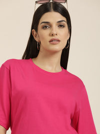 DILLINGER Women Pink Solid Pure Cotton Oversized T-shirt
