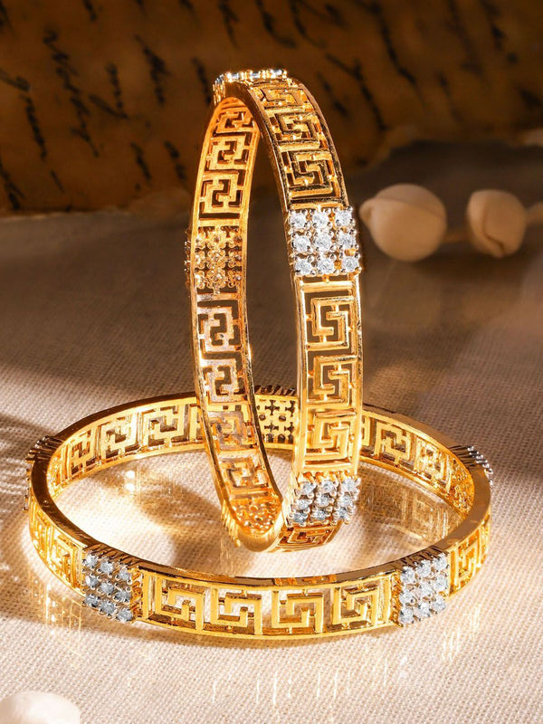 Rubans Set of 2 22K Gold-Plated Greek Key Design & Cubic Zirconia Handcrafted Bangles