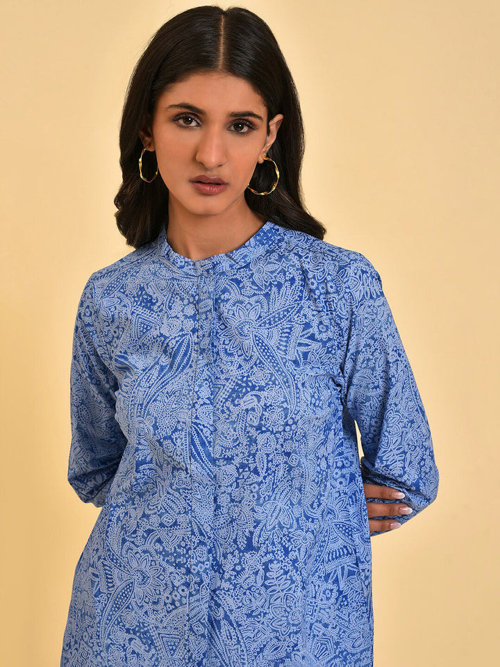 W Blue Floral Printed Mandarin Collar Pure Cotton Shirt Style Top