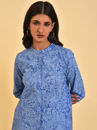 W Blue Floral Printed Mandarin Collar Pure Cotton Shirt Style Top