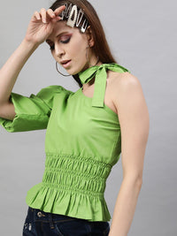 STREET 9 Green One Shoulder Puff Sleeve Smocked Cotton Top