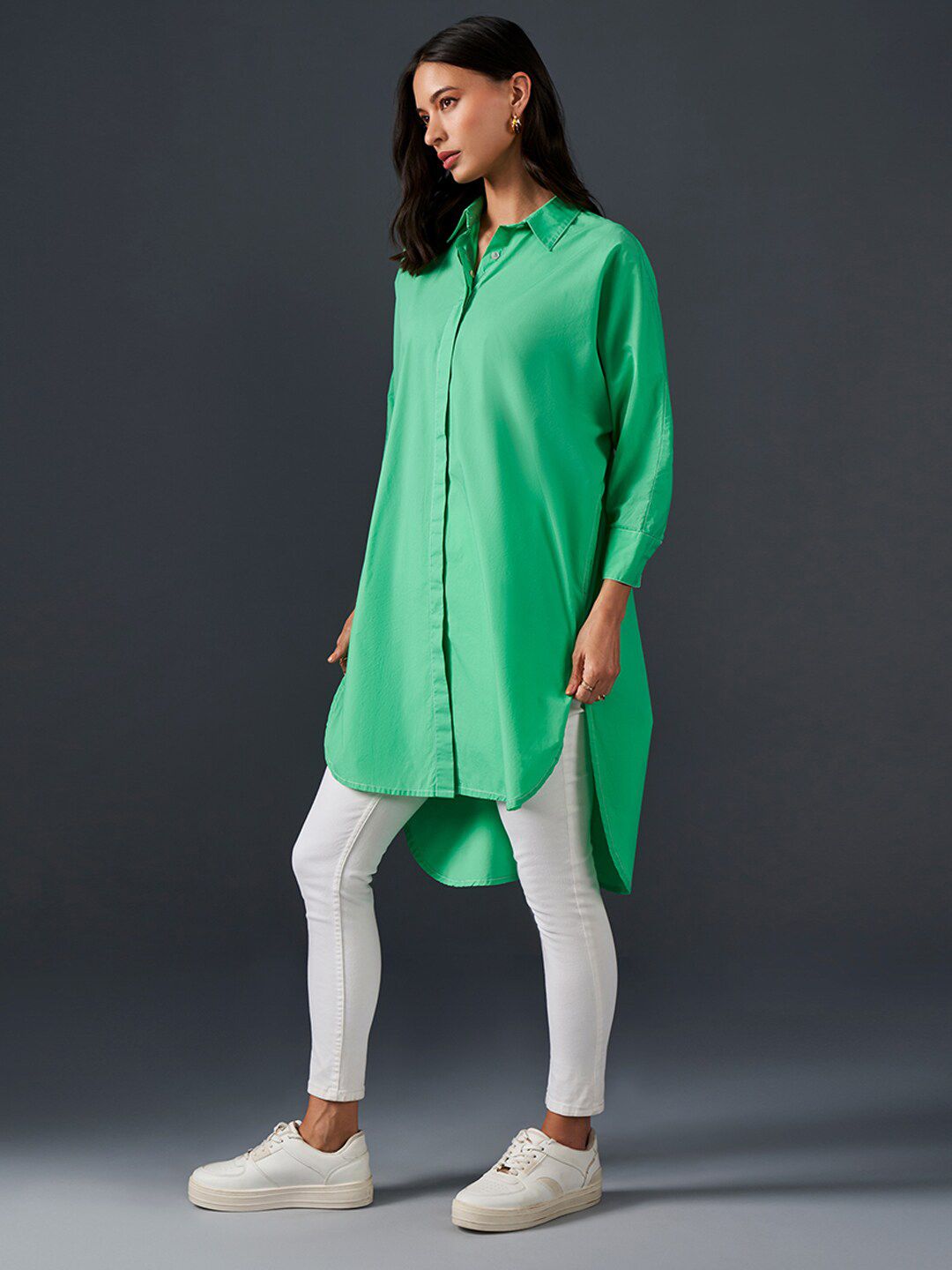 AND Spread Collar Cuff Sleeves Shirt Style Longline Cotton Top