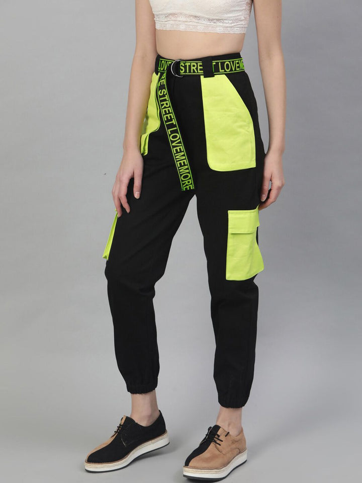 STREET 9 Women Black & Yellow Regular Fit Printed Joggers