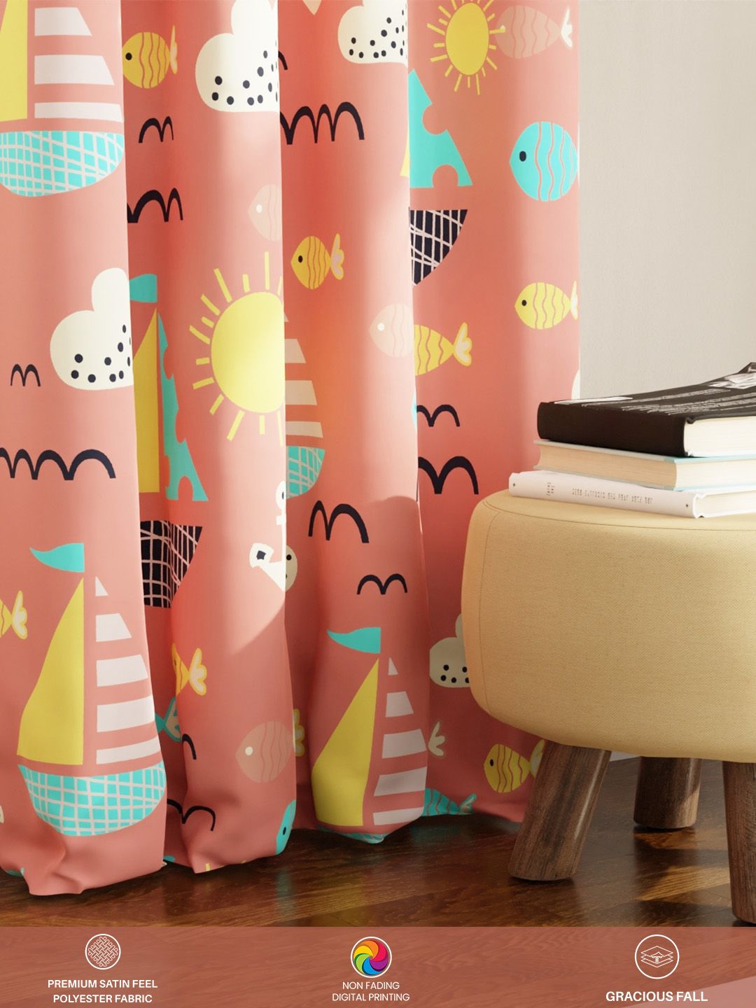 URBAN SPACE Peach & Yellow Printed Room Darkening Long Door Curtain