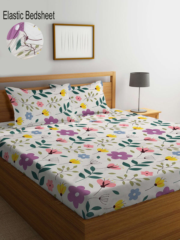 KLOTTHE Floral Printed 300 TC Fitted King Bedsheet with 2 Pillow Covers