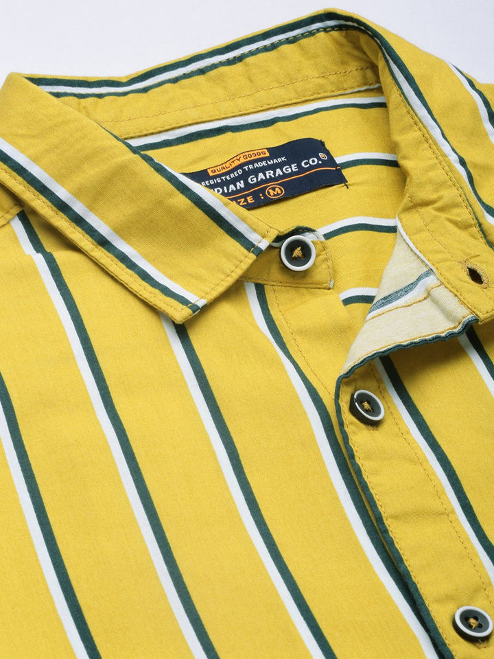 The Indian Garage Co Men Mustard Yellow & Green Striped Cotton Casual Shirt