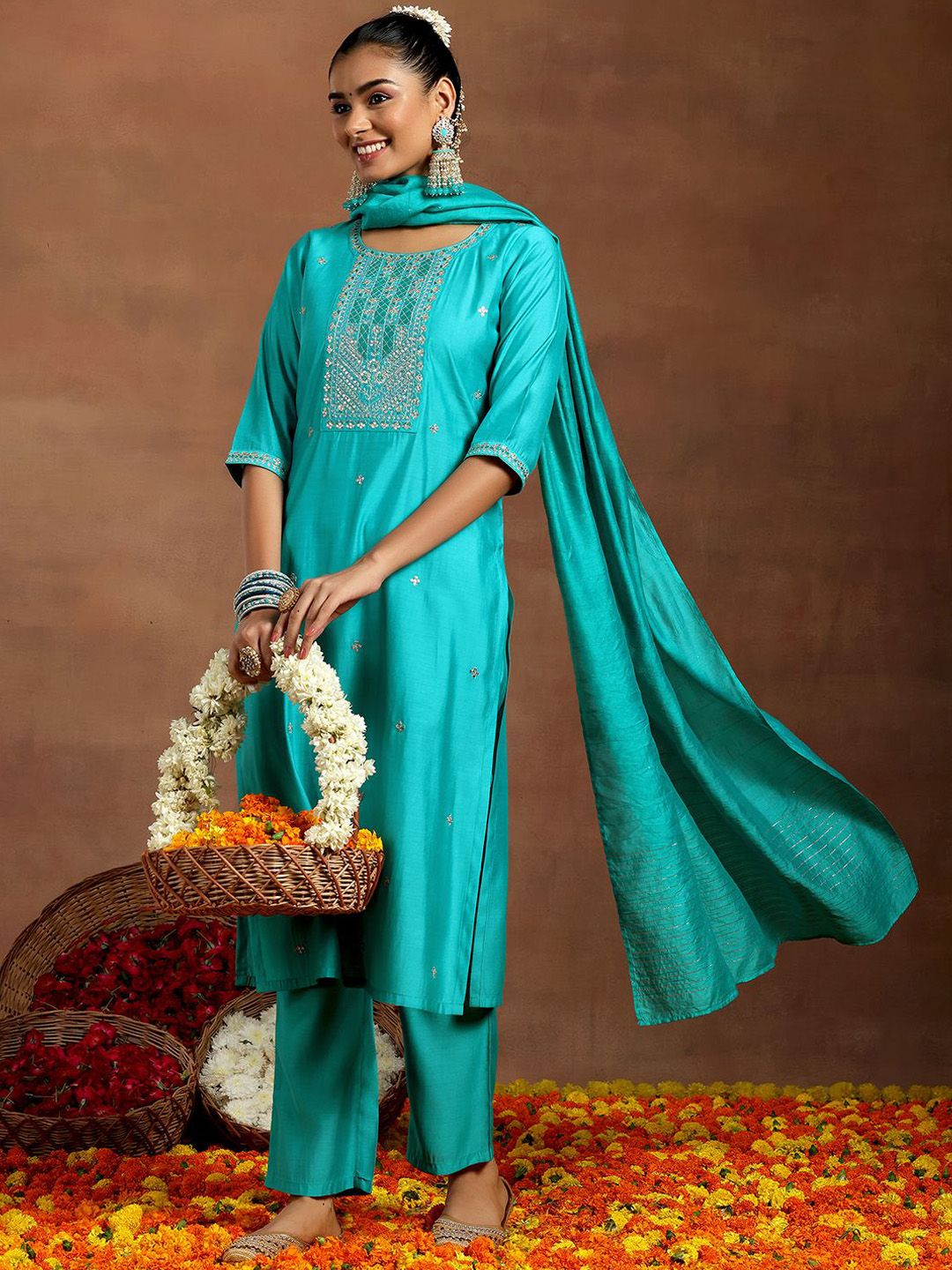 Gerua By Libas Floral Embroidered Sequinned Straight Kurta With Trouser & Dupatta