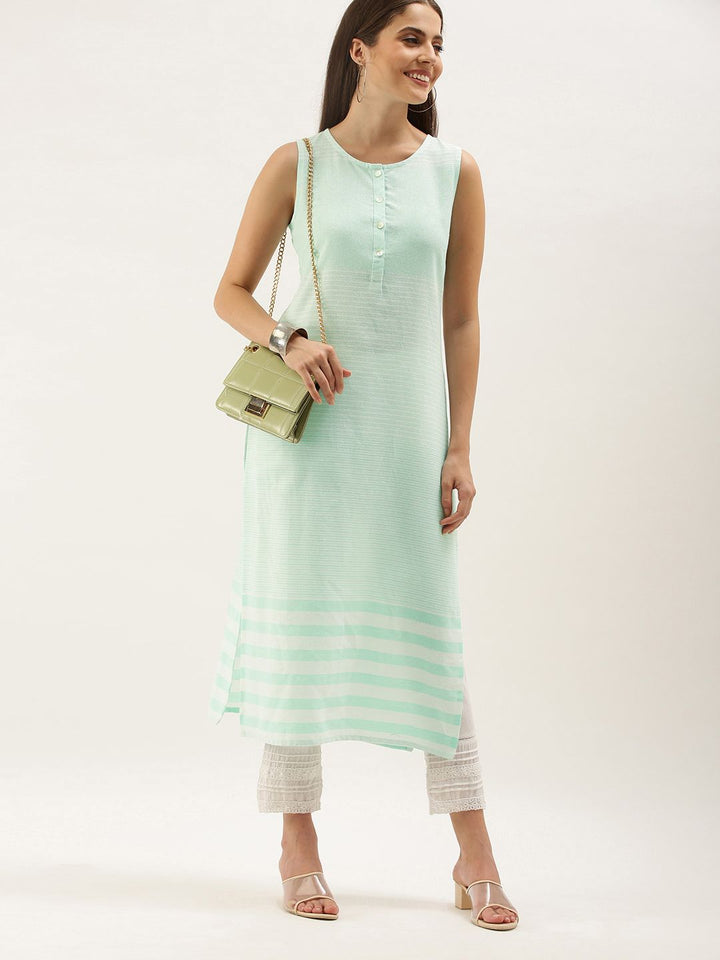 Anouk Women Sea Green & White Striped Kurta
