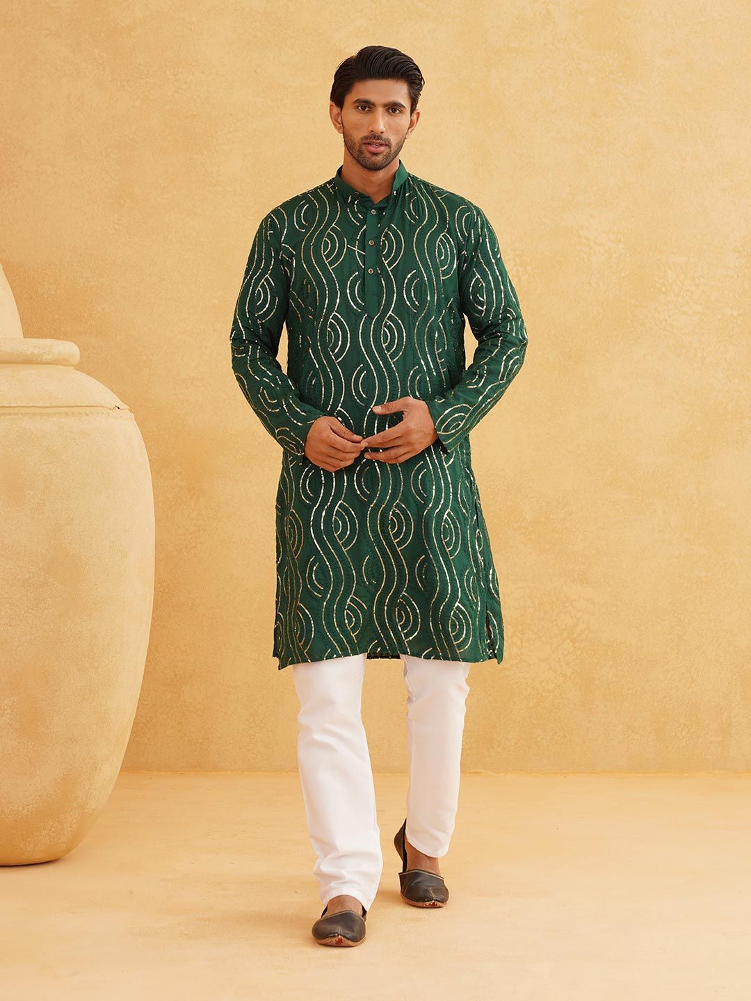 SOJANYA Mandarin Collar Sequined Pure Cotton Kurta