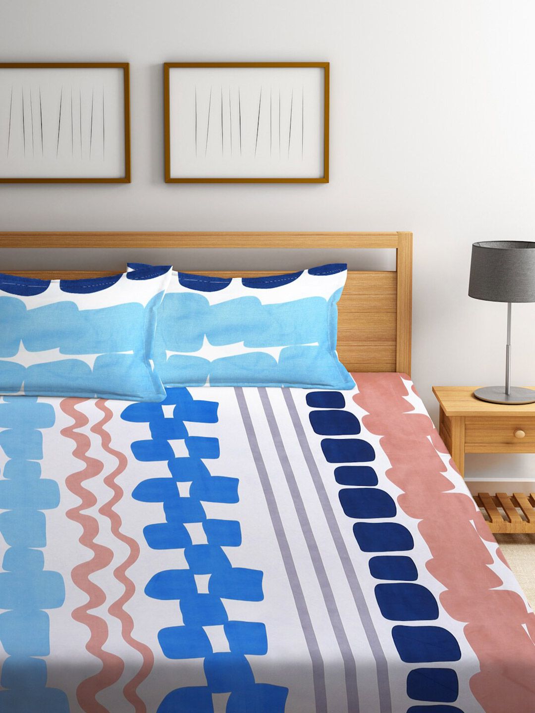 KLOTTHE Navy Blue Abstract Polycotton 300 TC King Fine Bedsheet with 2 Pillow Covers-96 x 89 inches