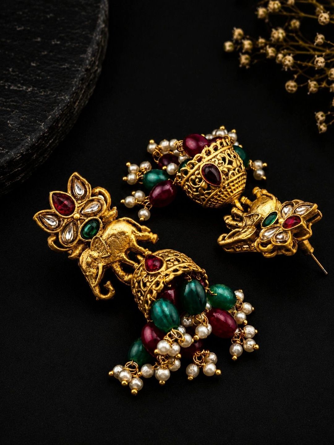 PANASH Gold Plated Artificial Stone Studded & Beaded Dome Shaped Jhumkas