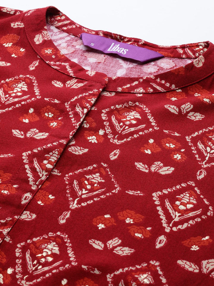 Libas Floral Print Band Collar  Tie-Up Sleeves Pleated Kurti