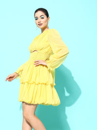 Antheaa Yellow Puff Sleeves Smocked Chiffon Fit & Flare Dress With Cut-Out Detail