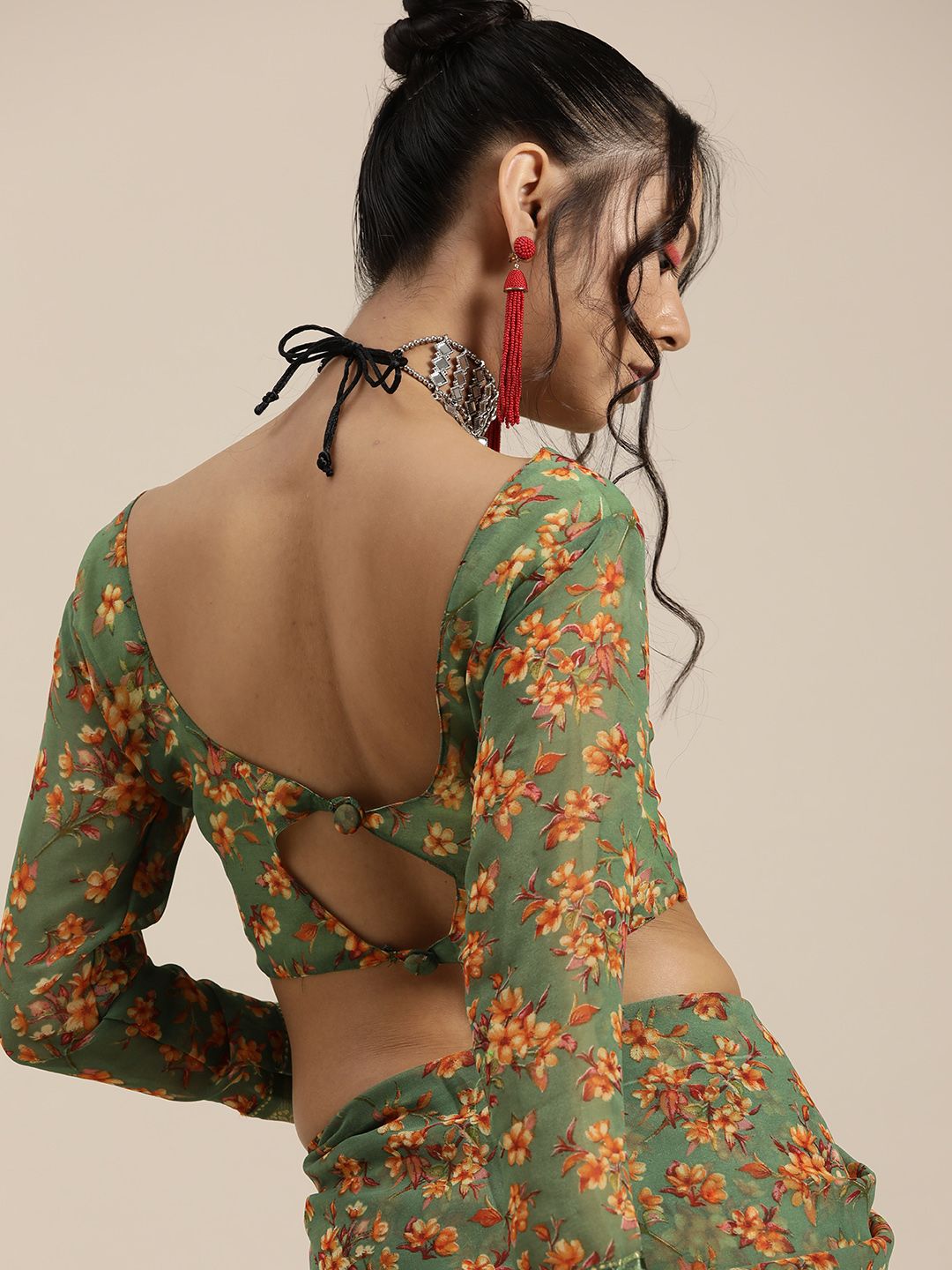 Saree mall Green Orange Poly Georgette Floral Print Bagru Saree