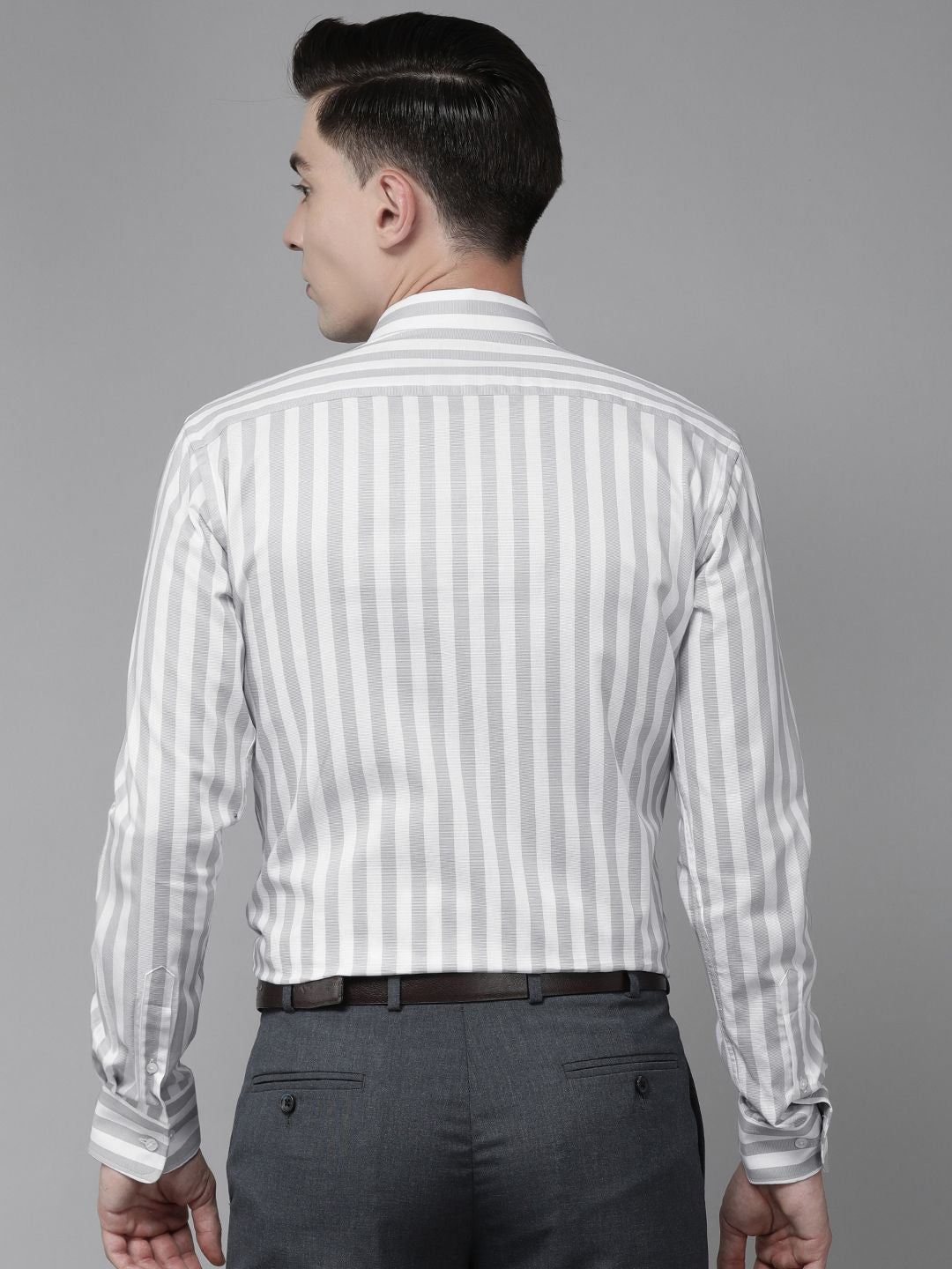 Park Avenue Men Grey & White Slim Fit Striped Pure Cotton Formal Shirt