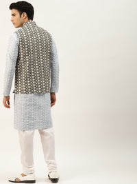 SOJANYA Kurta Bersulam Chikankari Kelabu Lelaki dengan Jaket Churidar & Nehru