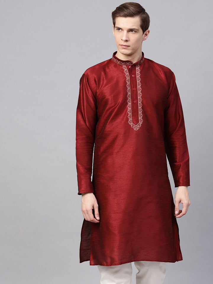 SOJANYA Men Maroon Yoke Design Straight Kurta