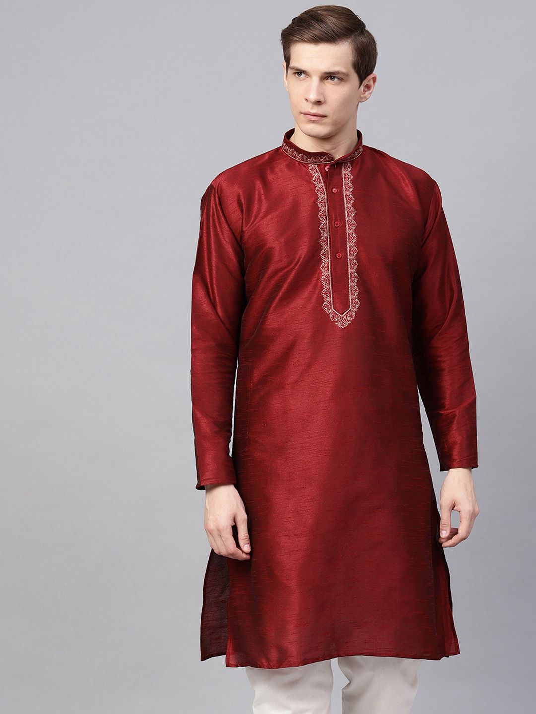 SOJANYA Men Maroon Yoke Design Straight Kurta