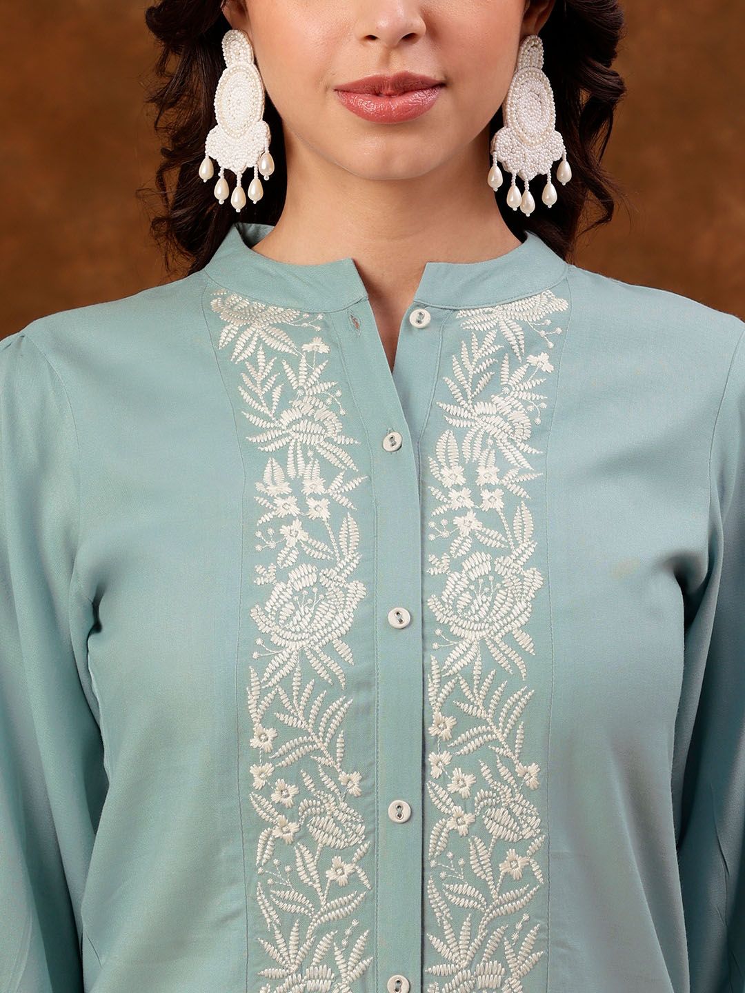 Anouk Blue Embroidered Silk Blend Tunic With Trousers