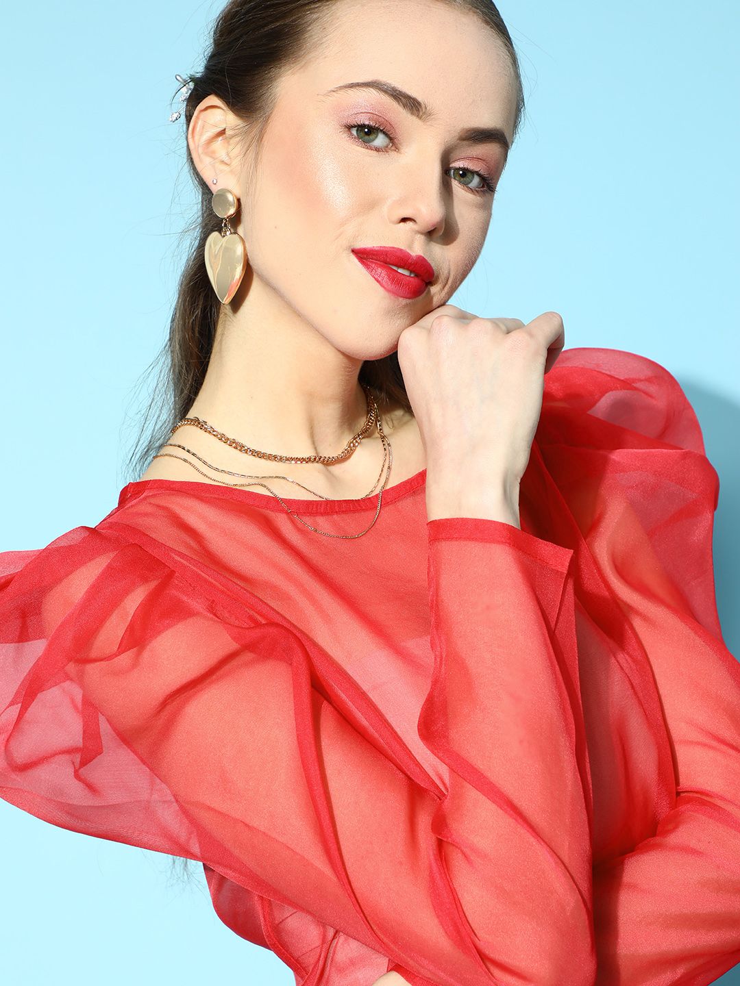 SASSAFRAS Gorgeous Red Solid Sheer Top