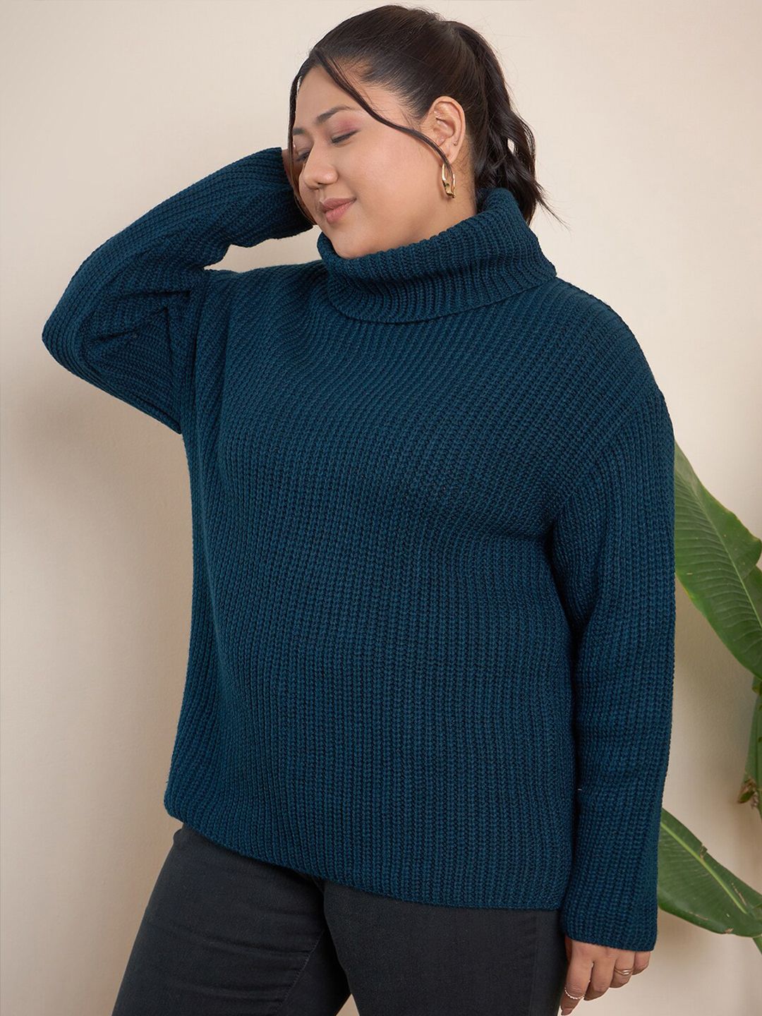 CURVY STREET Plus Size Ribbed Turtle Neck Acrylic Pullover