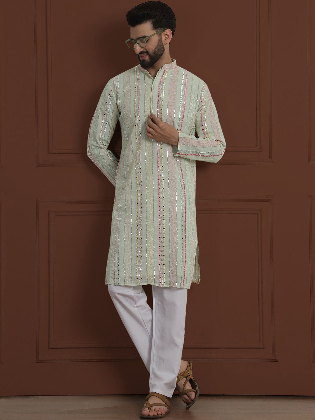 SOJANYA LUXE Striped Embroidered Mandarin Collar Straight Georgette Kurta & Pyjama