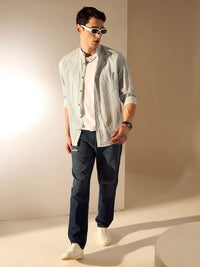 DENNISON Men Aspect Striped Mandarin Collar Oversized Shirt