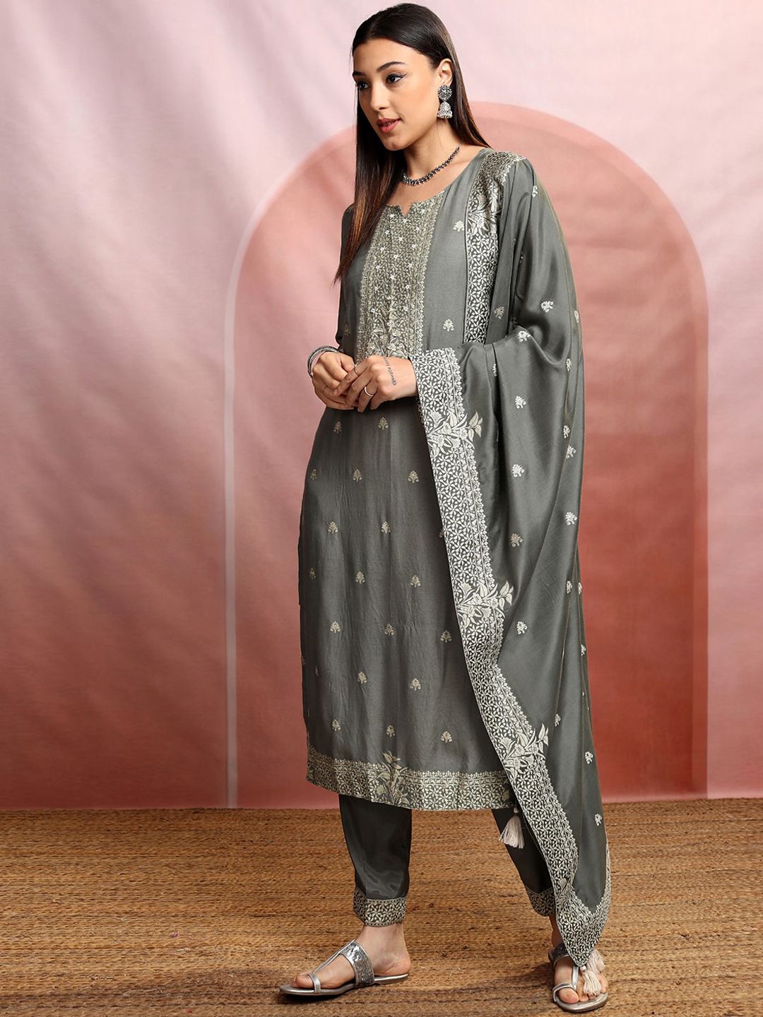 Vishudh Ethnic Motifs Embroidered Straight Pure Cotton Kurta & Trousers With Dupatta