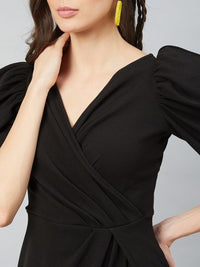 Athena Black Tulip Wrap Dress With Volume Sleeves