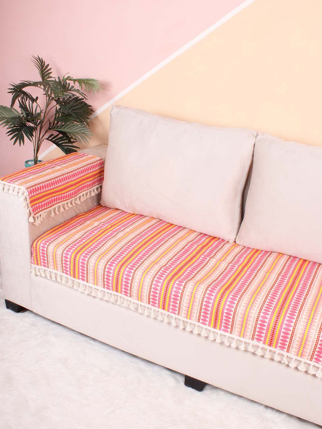 STITCHNEST Pink & Yellow Jacquard Printed 1-Seater Sofa Cover