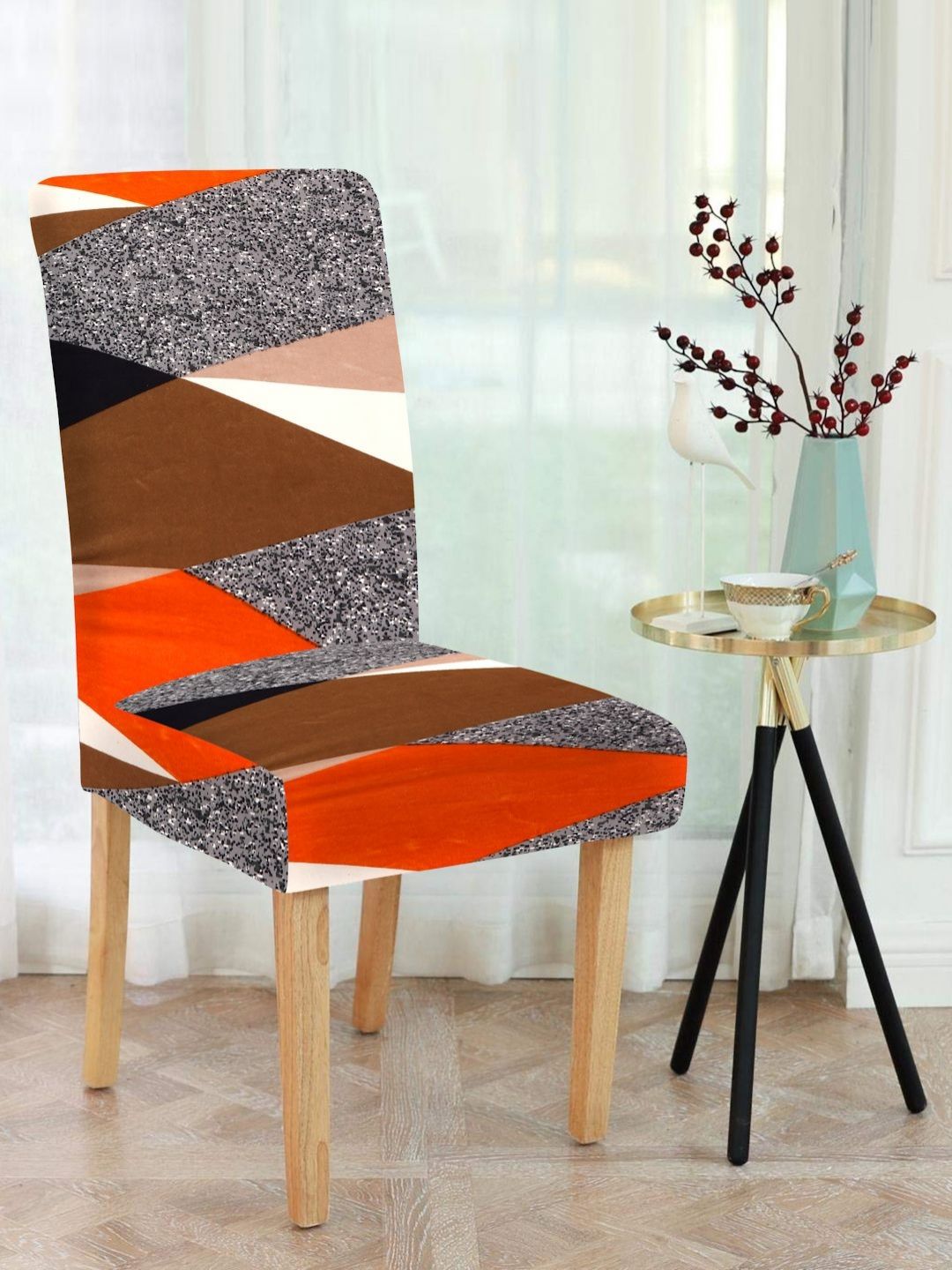 HOSTA HOMES Orange & Brown Printed Stretchable Square Seat Chair Cover