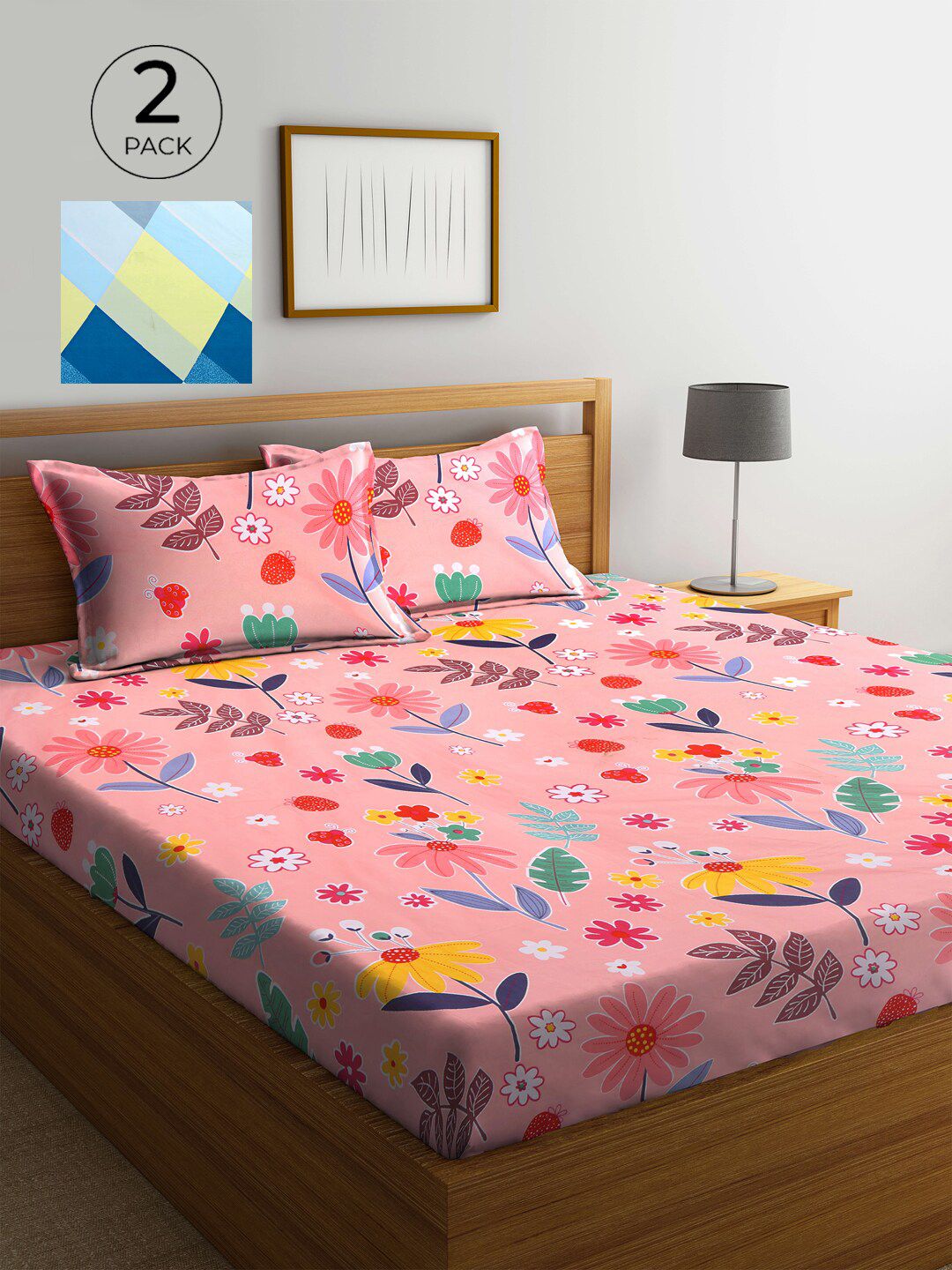 KLOTTHE Multicoloured Floral 300 TC 2 King Bedsheet with 4 Pillow Covers