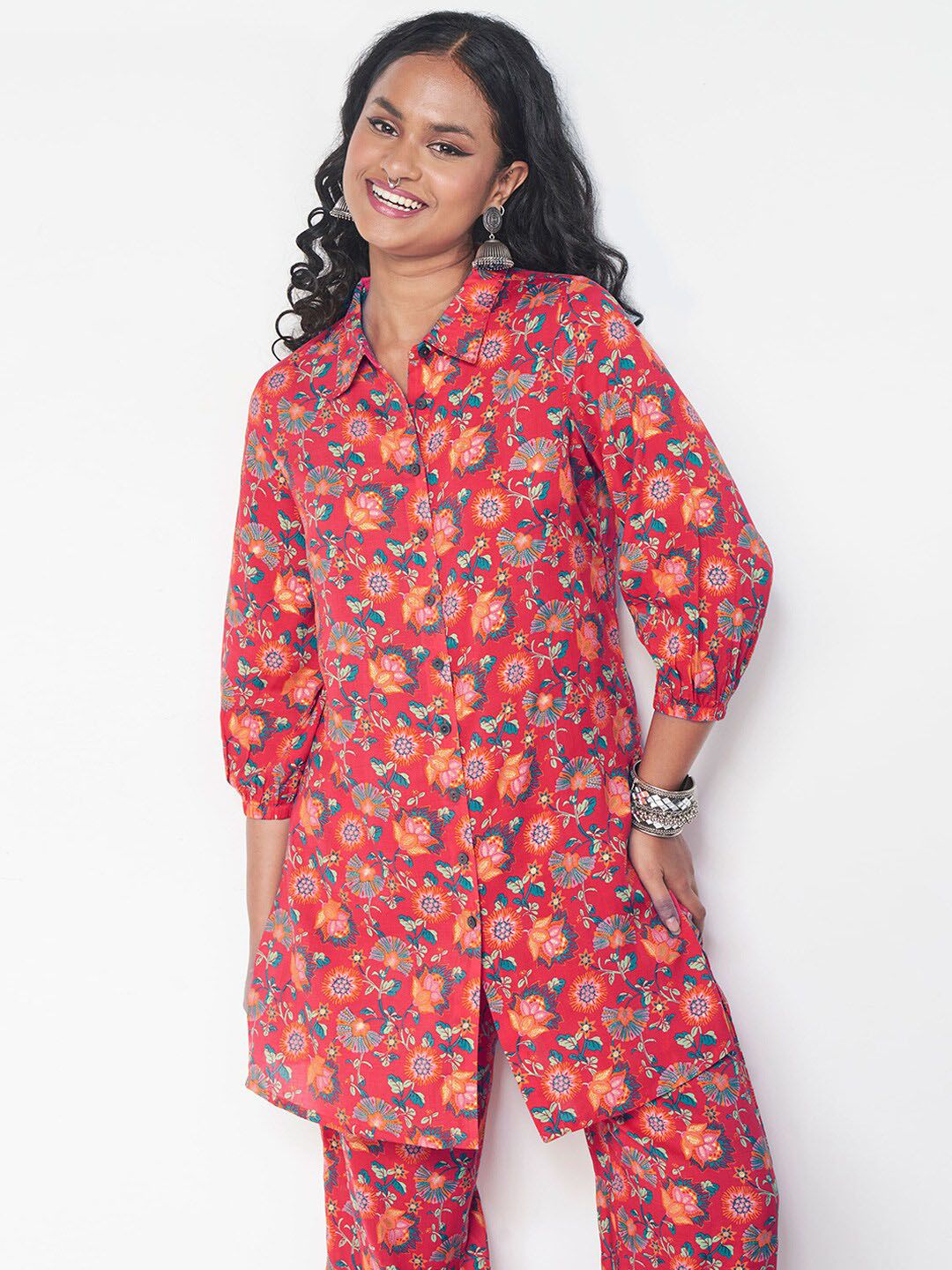 Global Desi Collar Neck Shirt & Mid -Rise Trouser Co-Ords