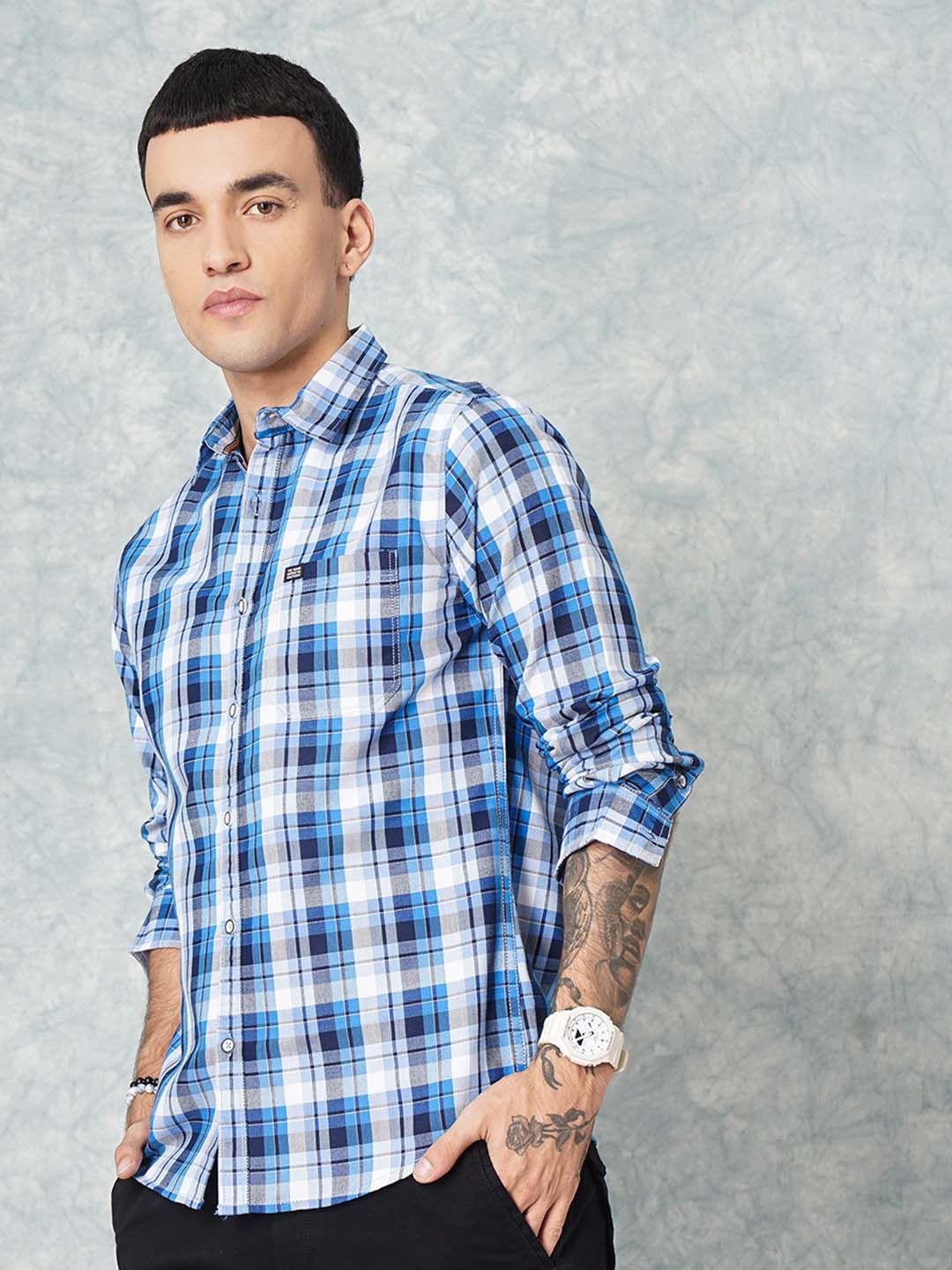 The Indian Garage Co Men Blue & White Slim Fit Checked Casual Shirt
