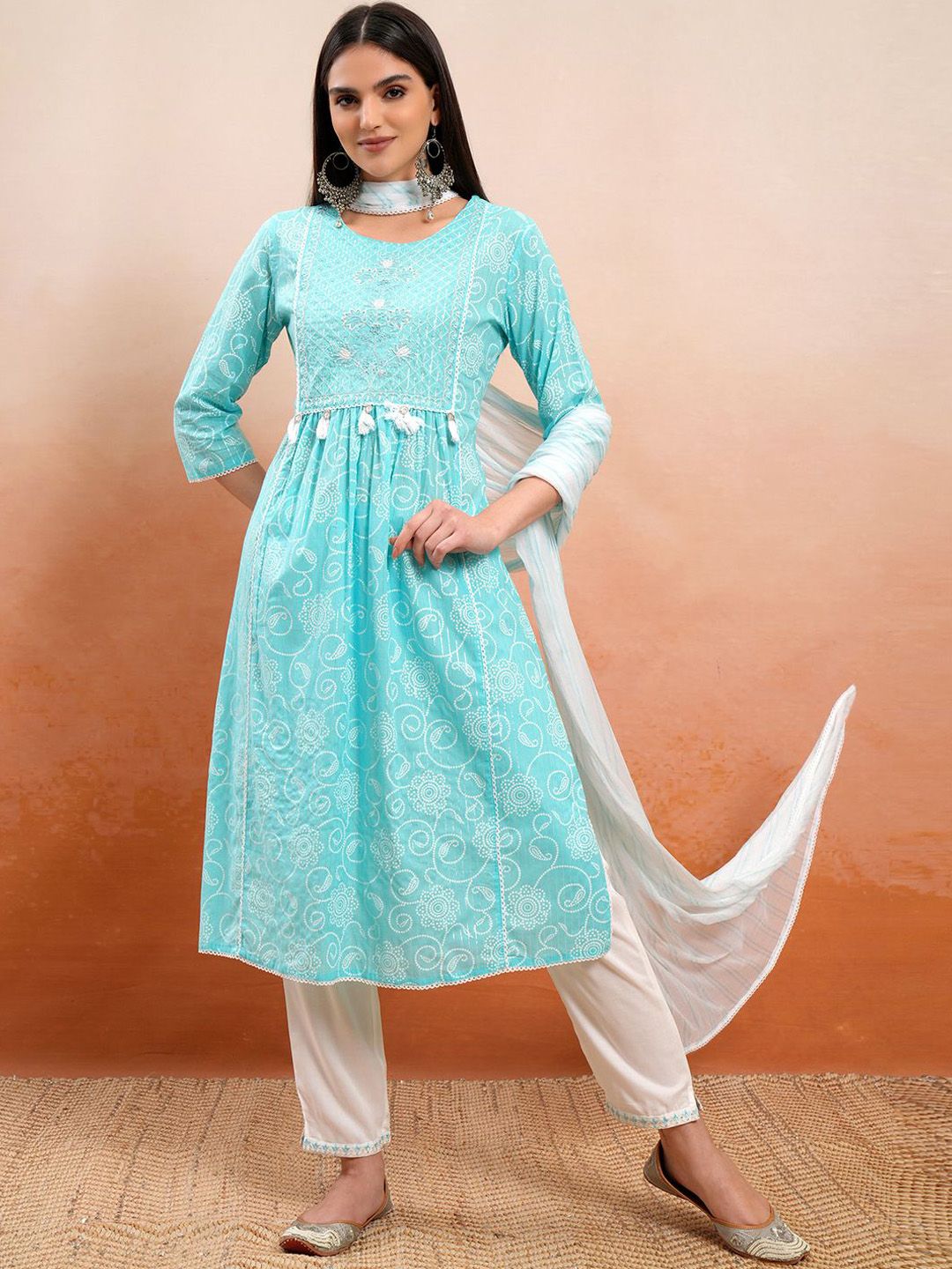 Vishudh Blue Floral Printed Thread Work Pure Cotton A-Line Kurta With Trousers & Dupatta
