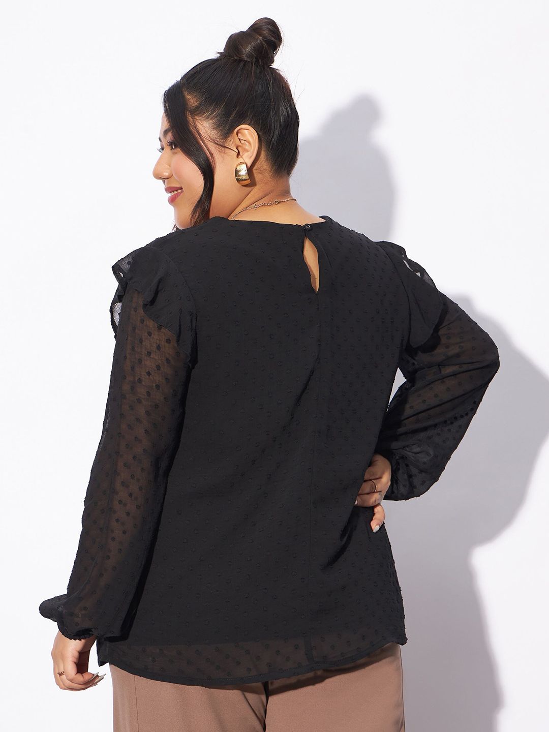 SASSAFRAS Curve Plus Size Self Design Puff Sleeves Ruffles Top