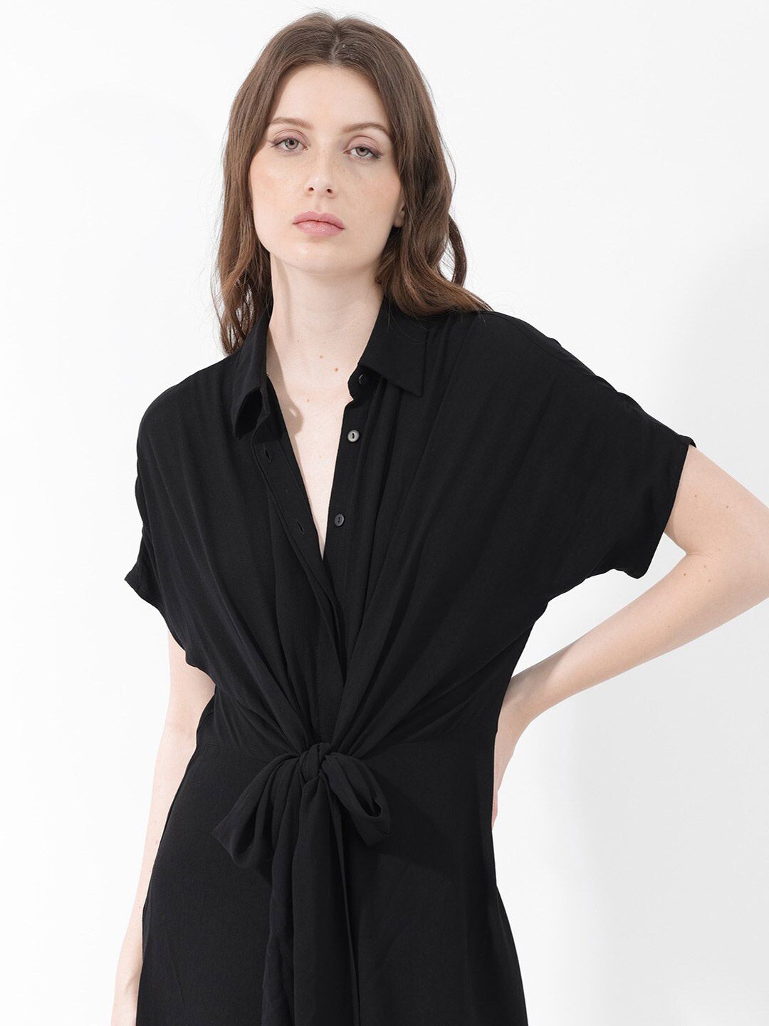 RAREISM Extended Sleeves Tie-Ups Detail Shirt Midi Dress