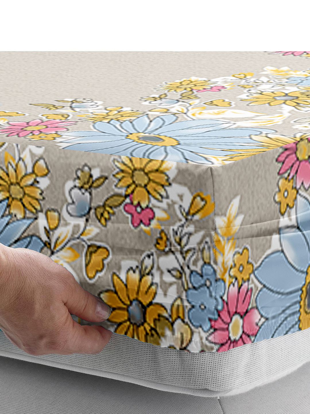 Story@home Beige & Yellow 180 TC Floral Queen Fitted Bedsheet With 2 Pillow Covers