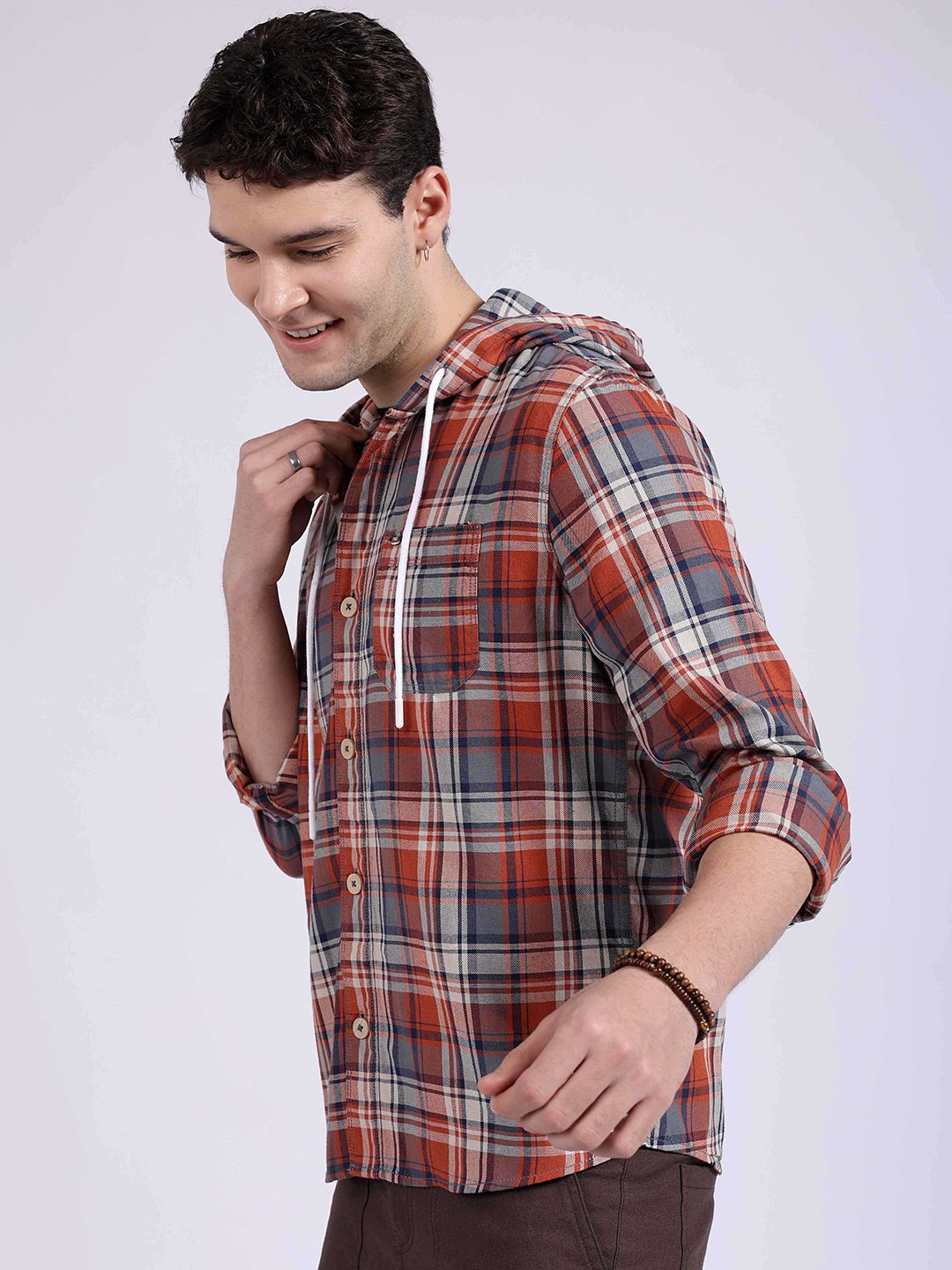 The Indian Garage Co Tartan Checked Hooded Twill Pure Cotton Casual Shirt