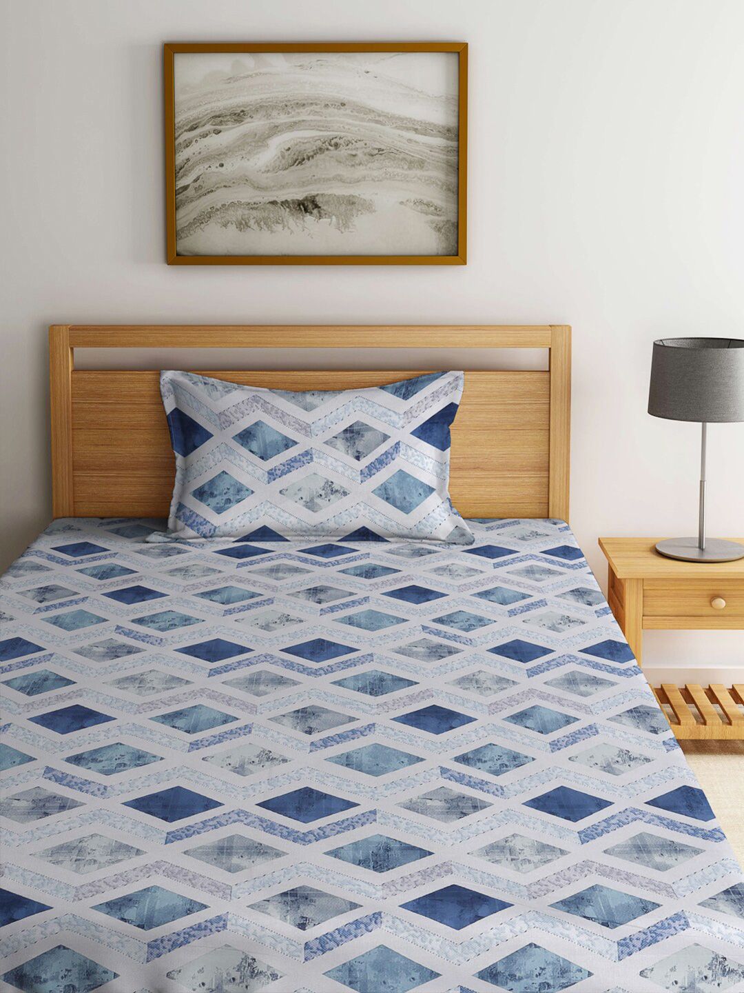 KLOTTHE Blue & White Geometric Printed Pure Cotton 400 TC Fitted Single Bedsheet Set